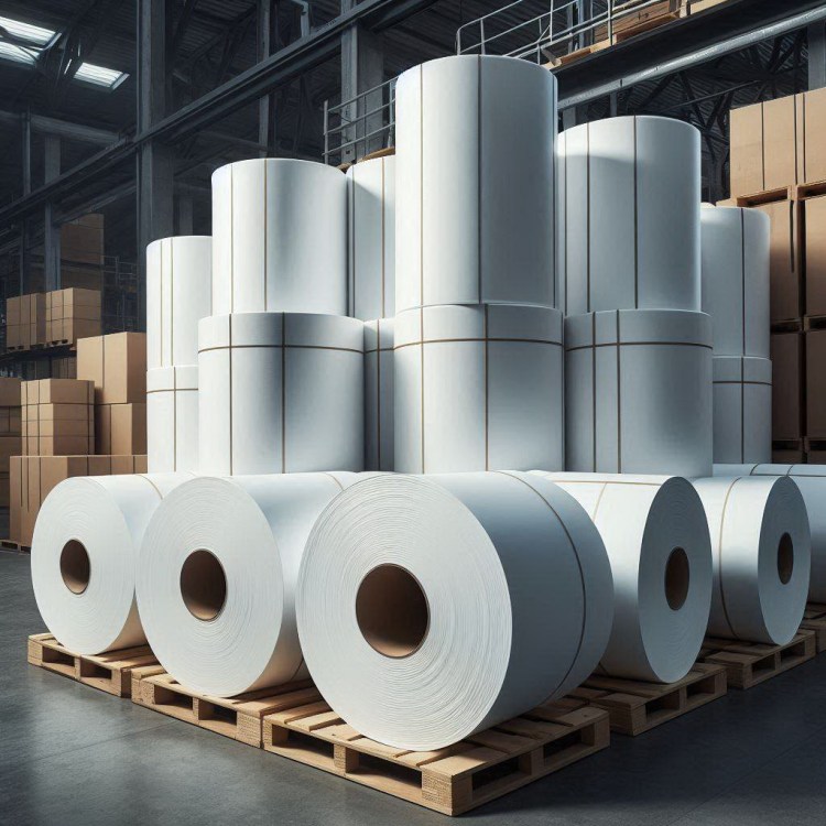 White jumbo rolls on pallets