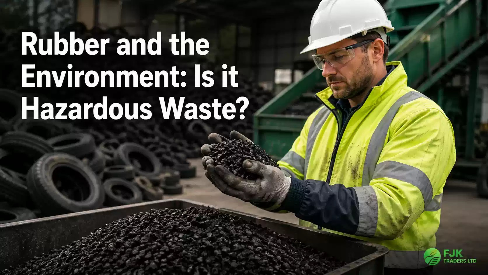 Worker inspecting recycled rubber granules at an industrial rubber recycling facility