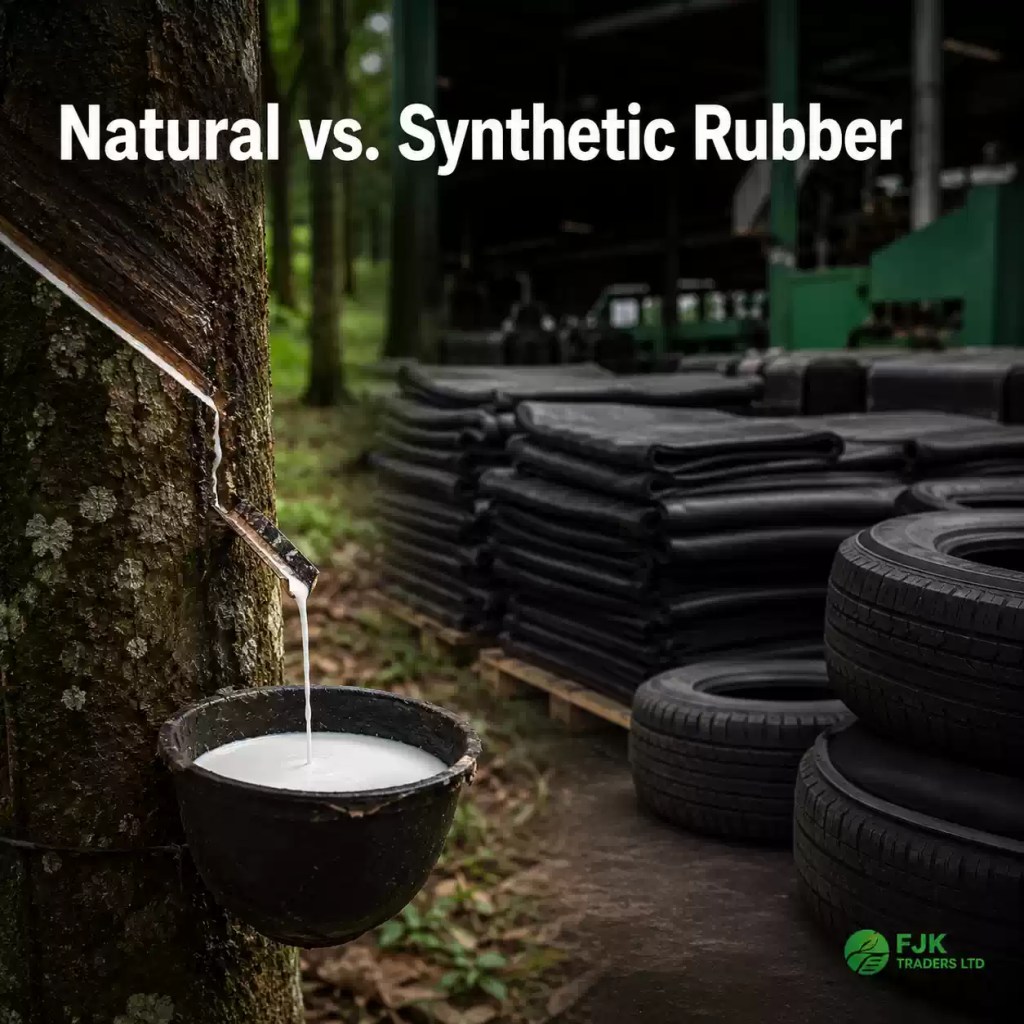 Natural rubber latex collection beside synthetic rubber materials and tyres