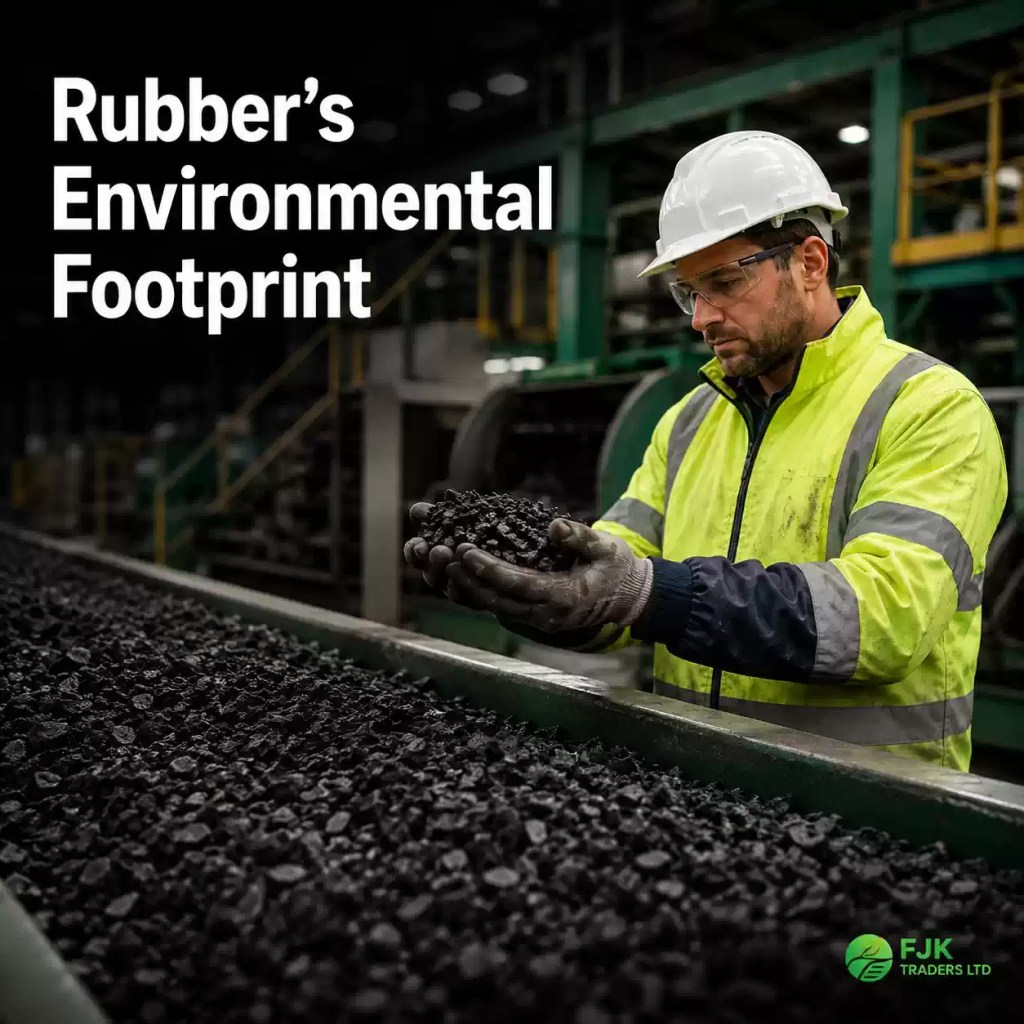 Recycling worker examining processed rubber granules inside an industrial facility