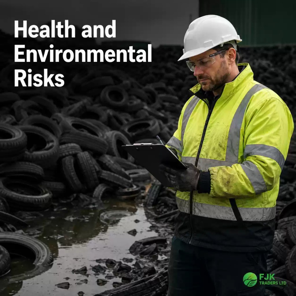Environmental inspector assessing stockpiled waste tyres and contaminated ground