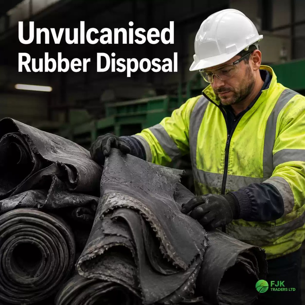 Worker inspecting unvulcanised rubber sheets for recycling and industrial recovery