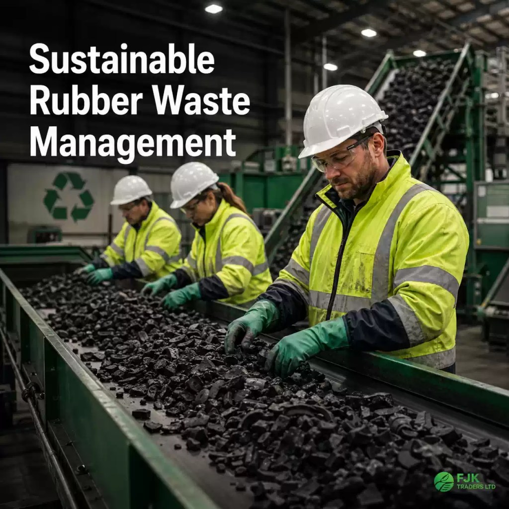 Workers sorting industrial rubber waste at a modern recycling facility