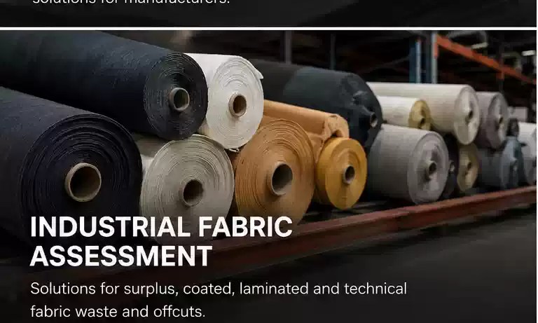 Surplus coated, laminated and technical industrial fabric rolls arranged for professional material assessment.