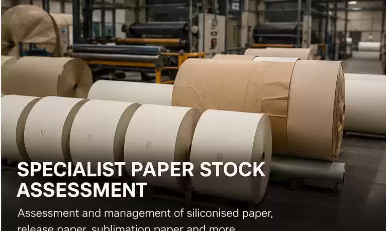 Large specialist paper rolls in a factory prepared for surplus stock assessment and responsible material management.